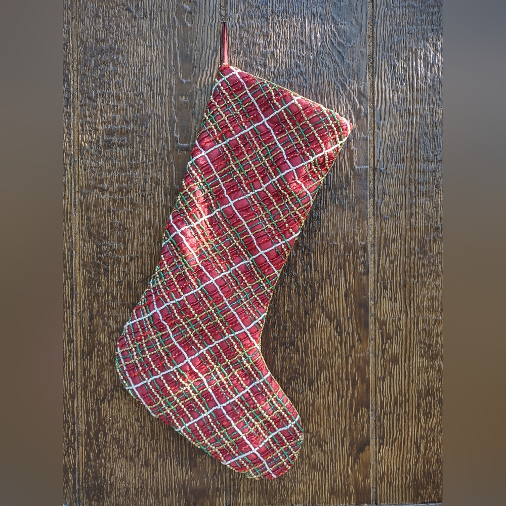Vintage Max Studio Home Christmas Stocking 18 Inch Red Plaid Holiday Decoration